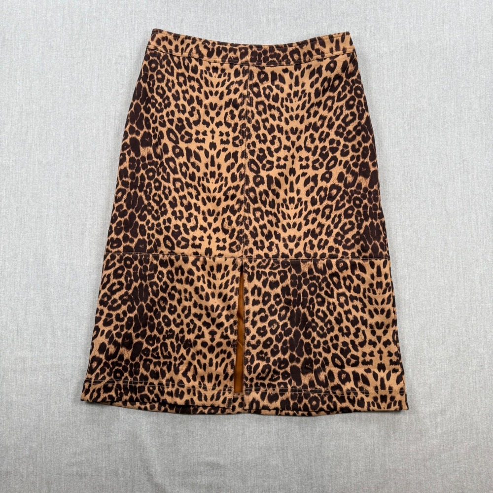 A New‎ Day Leopard Print Faux Suede Midi Skirt Brown Black Animal Slit Womens M
